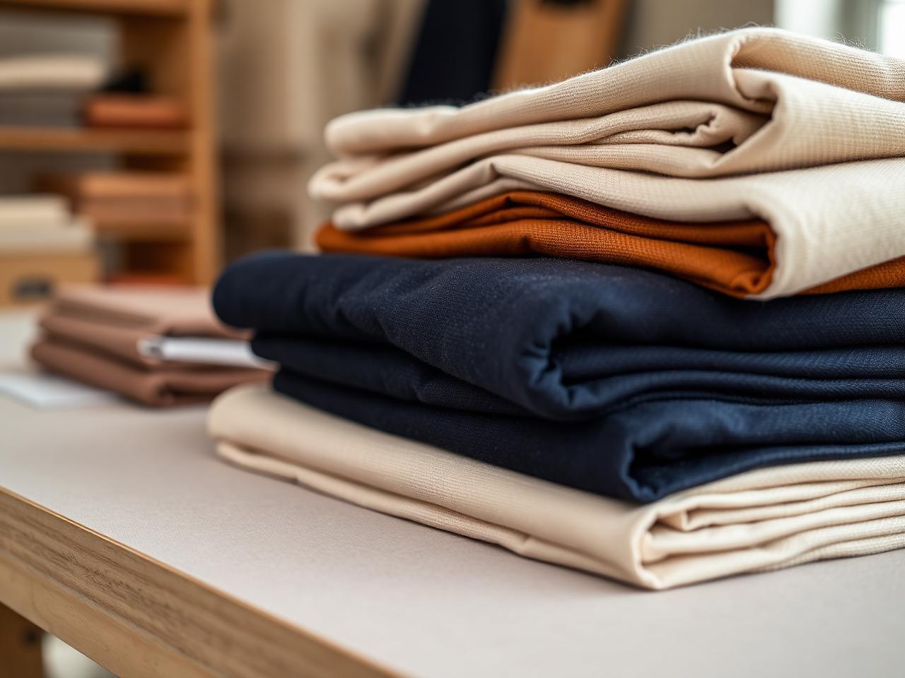 Folded fabric swatches in bone, navy and bronze tones