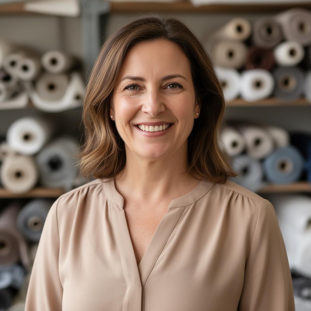 Lori Macisco, founder of Macisco Contract Interiors, standing in the Chapin workroom