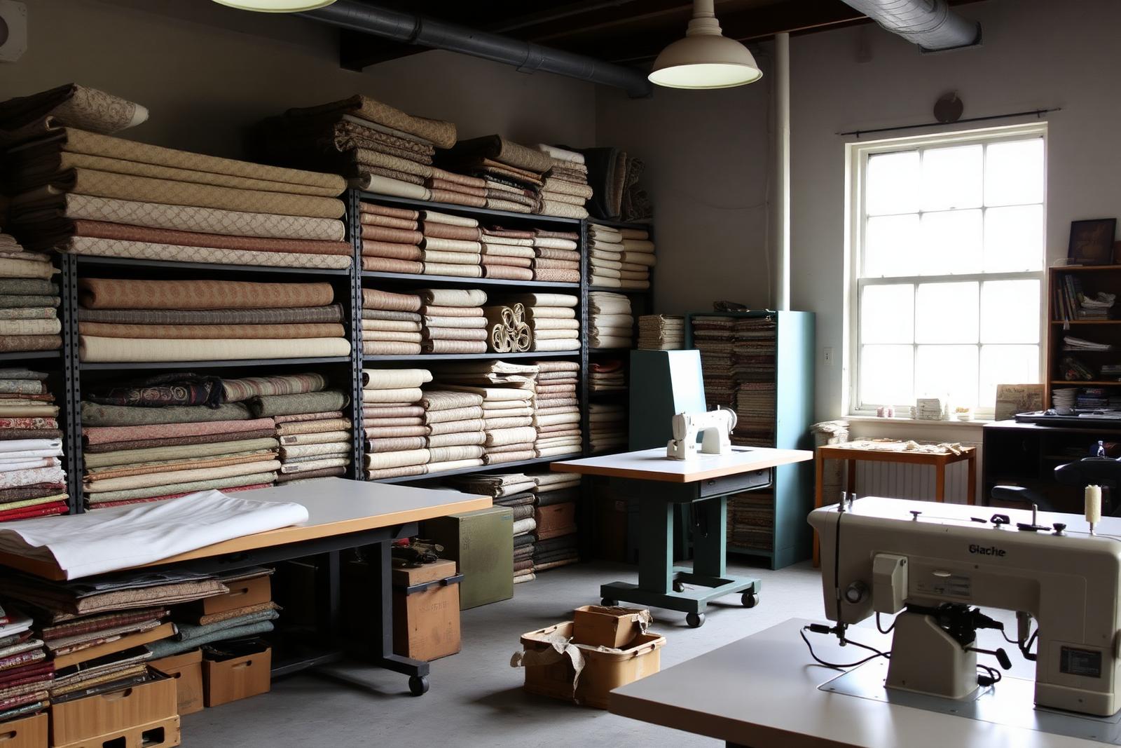 Macisco workroom interior with shelves of fabric and cutting tables