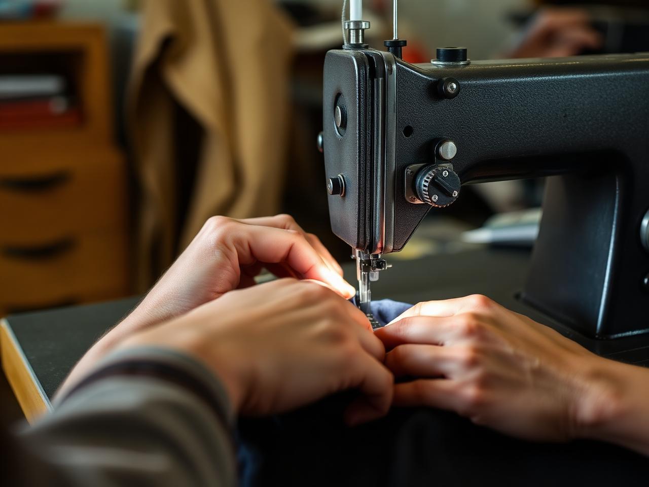 Hands stitching heavyweight drapery on industrial sewing machine